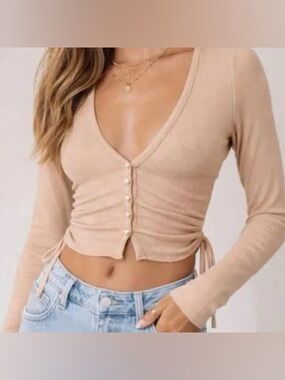Princess Polly Nude Ribbed V-Neck Button Crop Top
